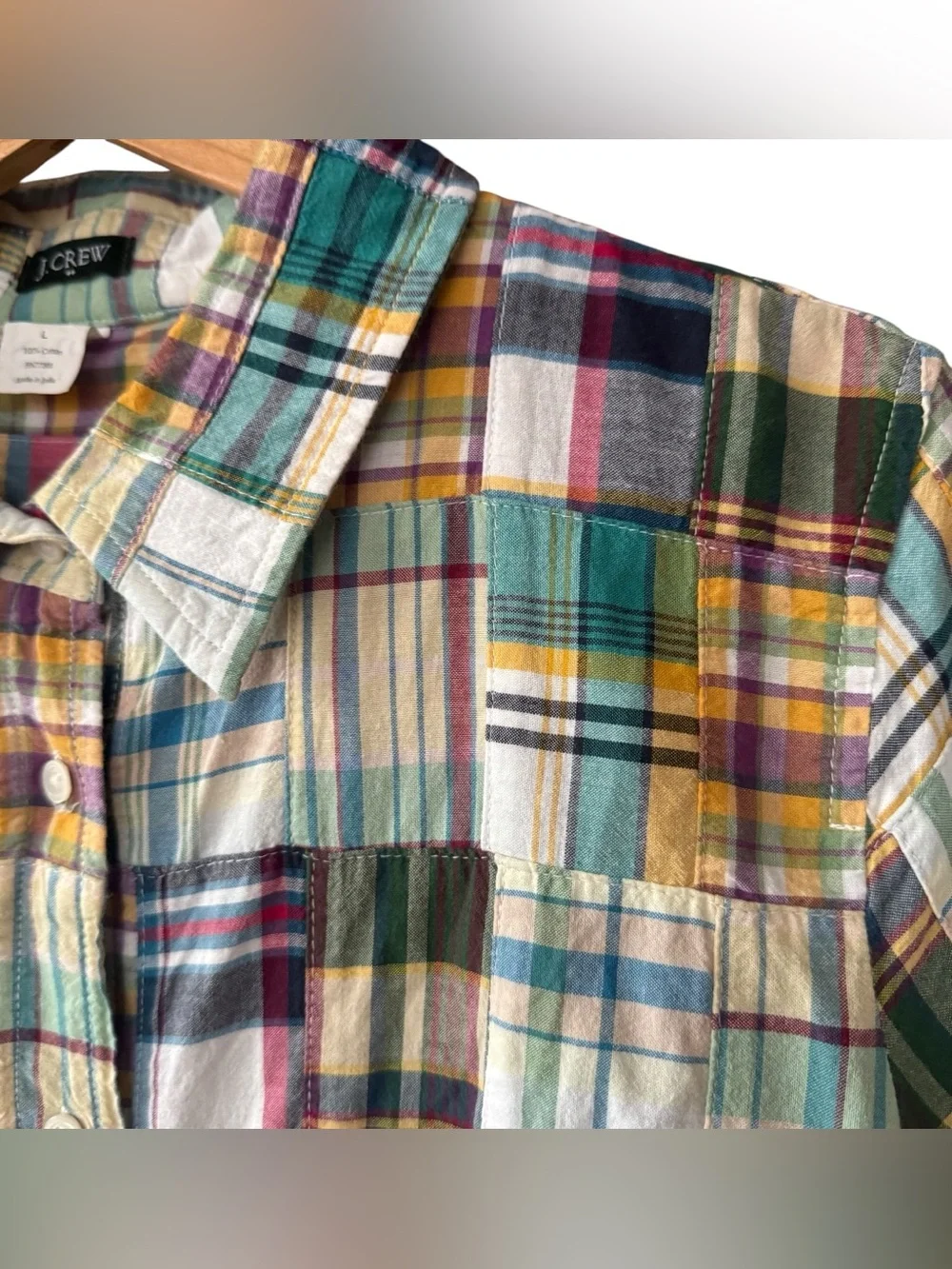 J Crew Patchwork Madras Plaid Button Front Shirt Short Sleeve Size Large